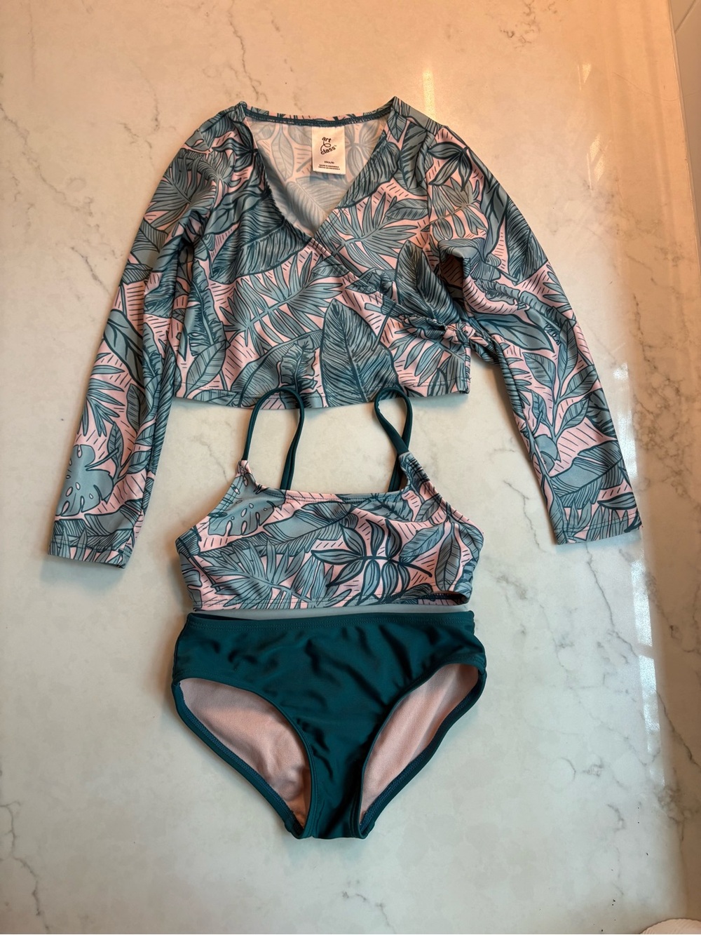 art class Teal & Pink Leaf Print Girls Swim Set with Rash Guard - Picture 1 of 5